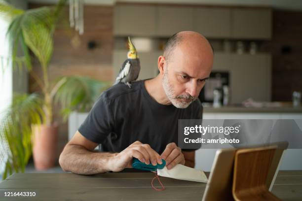 hombre que se queda en casa durante el toque de queda covid-19 trabajando en la máscara de nariz de la boca - cockatiel fotografías e imágenes de stock