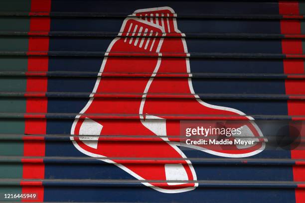 The Red Sox logo seen outside of Fenway Park on what would have been the home opening day for the Boston Red Sox against the Chicago White Sox April...