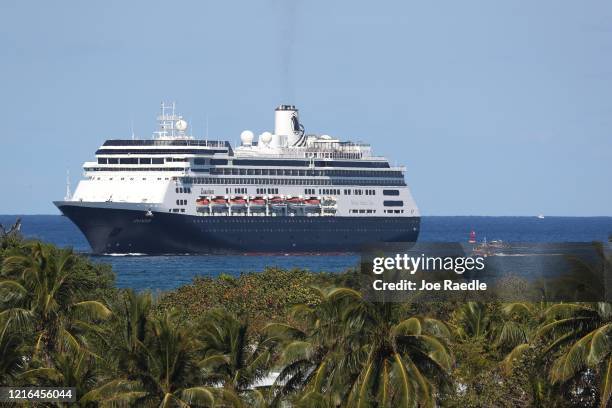 The Zaandam cruise ship prepares to come into Port Everglades on April 02, 2020 in Fort Lauderdale, Florida. The Holland America cruise ship had been...