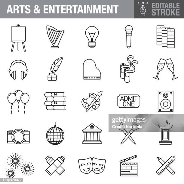 kunst und unterhaltung editierbare schlaganfall icon set - theater stock-grafiken, -clipart, -cartoons und -symbole