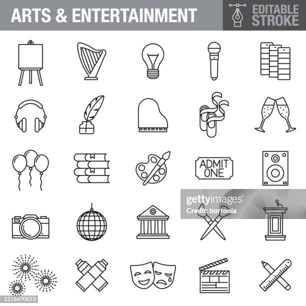 kunst und unterhaltung editierbare schlaganfall icon set - harfe stock-grafiken, -clipart, -cartoons und -symbole