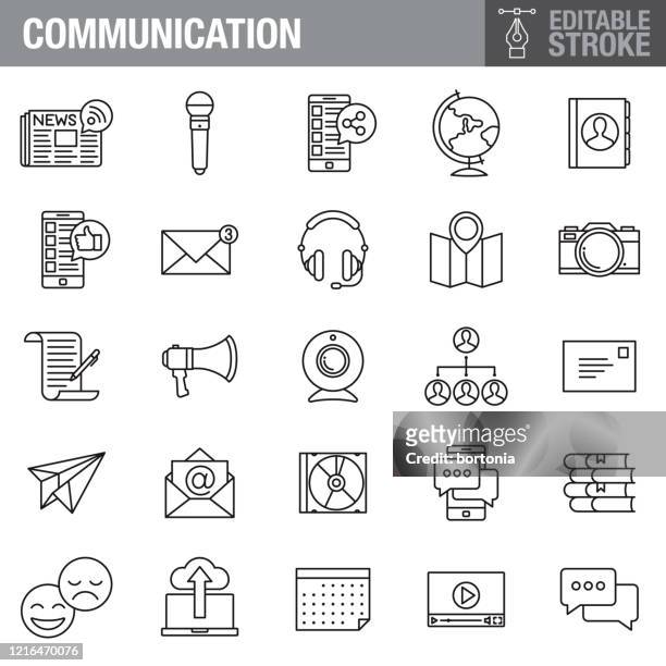 illustrazioni stock, clip art, cartoni animati e icone di tendenza di set di icone tratto modificabile comunicazione - videoconferenza