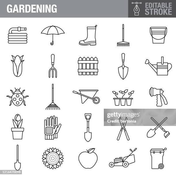 ilustrações, clipart, desenhos animados e ícones de conjunto de ícone de traçado editável de jardinagem - enxada-equipamento-de-jardinagem