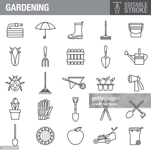 gardening editable stroke icon set - shovel stock illustrations