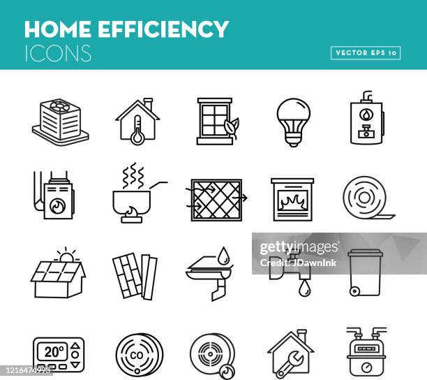 set of home efficiency icon in thin line style - furnace stock illustrations