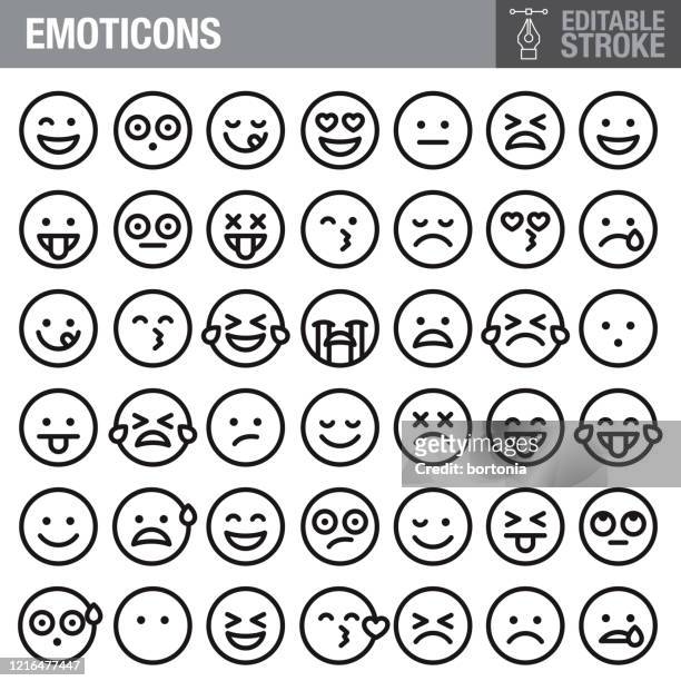 illustrazioni stock, clip art, cartoni animati e icone di tendenza di set di icone tratto modificabile emoticon - allegro