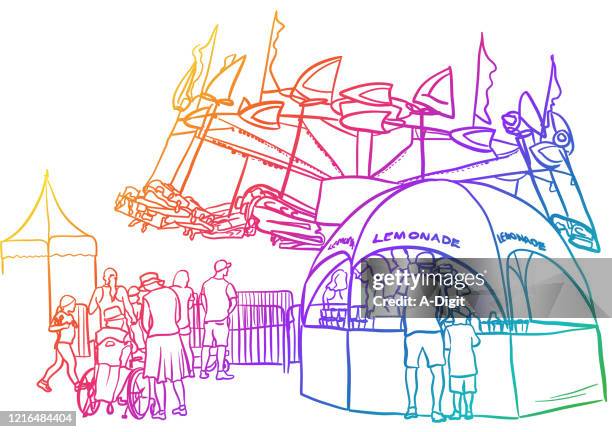 illustrazioni stock, clip art, cartoni animati e icone di tendenza di bevande della folla fiera - bancarella della limonata