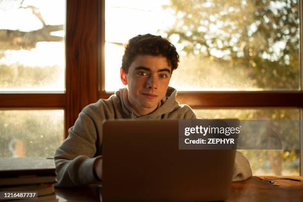 teenager on laptop e-earning - teen computer stock-fotos und bilder