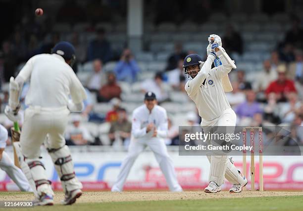 Rudra Pratap Singh of India hits out during day four of the 4th npower Test Match between England and India at The Kia Oval on August 21, 2011 in...