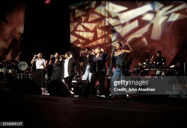 Drummer Mickey Hart is shown performing on stage with the "Planet Drum" on August 17, 1996.