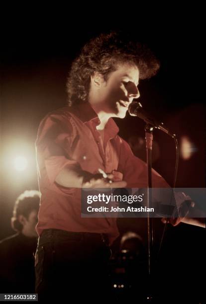 Singer Robert Hazard is shown performing on stage during a "live" concert appearance on February 1, 1983.