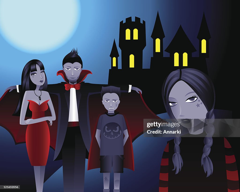 Vampiro Familia Pie Fuera Del Castillo De Noche Ilustración de stock -  Getty Images