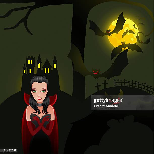 female vampire standing outside castle at night - vampire fangs vector stock illustrations