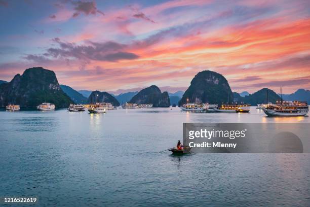 halong bay tramonto colorato crepuscolo vietnam - baia di ha long foto e immagini stock