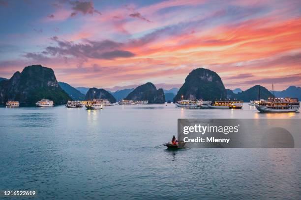 halong bay sunset colorful twilight vietnam - bay of water stock pictures, royalty-free photos & images