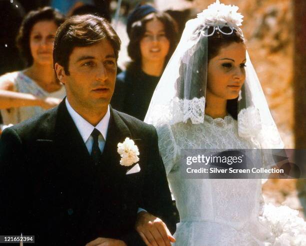 Al Pacino, US actor, in his wedding suit, and Simonetta Stefanelli, Italian actress, in her wedding dress on their wedding day in a publicity still...