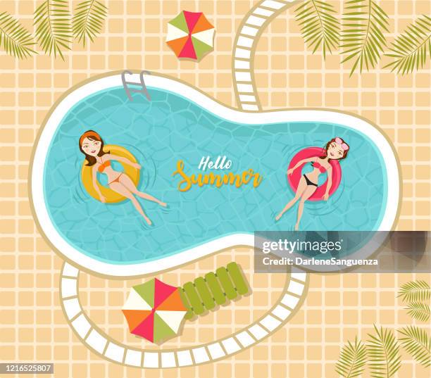 ilustraciones, imágenes clip art, dibujos animados e iconos de stock de mujeres relajantes y nadando en la piscina con inflables. - fiesta de piscina