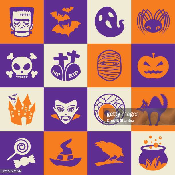 halloween holiday square icons set - raven skull stock illustrations