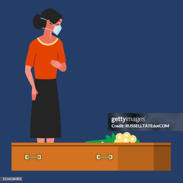 ilustraciones, imágenes clip art, dibujos animados e iconos de stock de mujer con ataúd - con la mano sobre el corazón