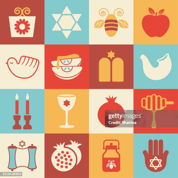 illustrazioni stock, clip art, cartoni animati e icone di tendenza di set di icone quadrate rosh hashanah - giudaismo