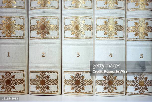 five leather-bound books in a row - book spine stock pictures, royalty-free photos & images