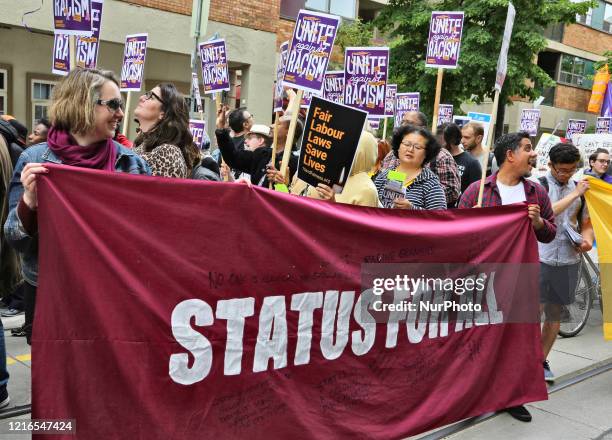 Rally against racism and support for migrant workers rights in downtown Toronto, Ontario, Canada, on June 16, 2019. The Unite Against Racism Rally in...