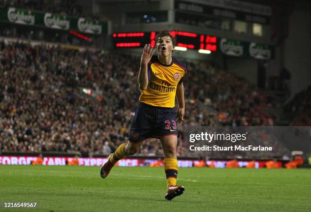 Andrey Arshavin celebrates scoring his and Arsenal's 4th goal during the Premier League match between Liverpool and Arsenal on April 21, 2009 in...