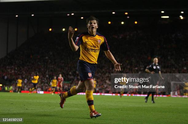 Andrey Arshavin celebrates scoring his and Arsenal's 4th goal during the Premier League match between Liverpool and Arsenal on April 21, 2009 in...