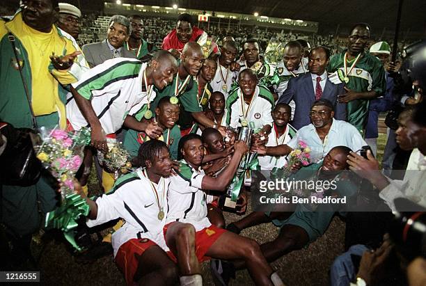 Cameroon celebrate victory over Nigeria in the African Nations Cup Final at the National Stadium in Lagos, Nigeria. Cameroon won 4-3 on penalties...