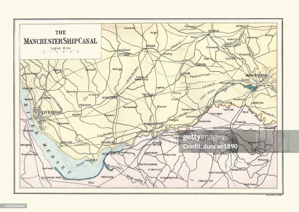 Manchester Rivers Map Vintage Map Of The Manchester Ship Canal 19th Century High-Res Vector ...