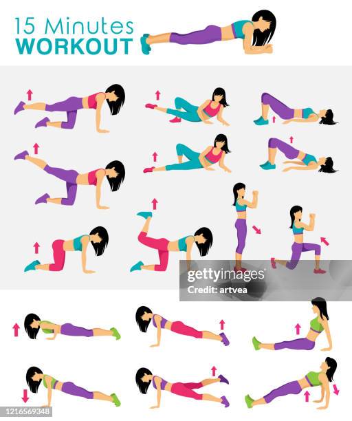 15 minutes fitness workout - pilates stock illustrations