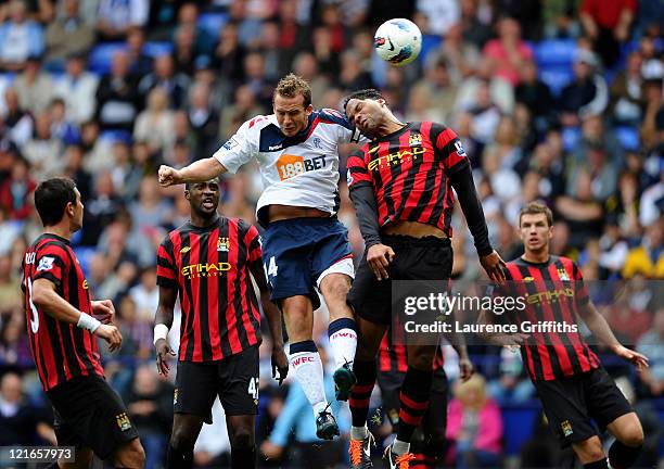 Kevin Davies of Bolton Wanderers scores his team's second goal during the Barclays Premier League match between Bolton Wanderers and Manchester City...