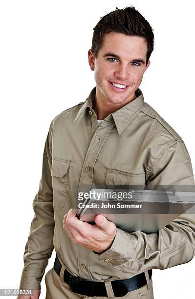delivery man or contractor - delivery person on white stock pictures, royalty-free photos & images