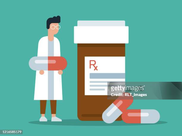doctor with giant prescription pill bottle and pills - opiates stock illustrations