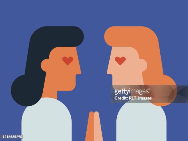 ilustraciones, imágenes clip art, dibujos animados e iconos de stock de ilustración de cara a cara joven pareja en el amor - gay couple