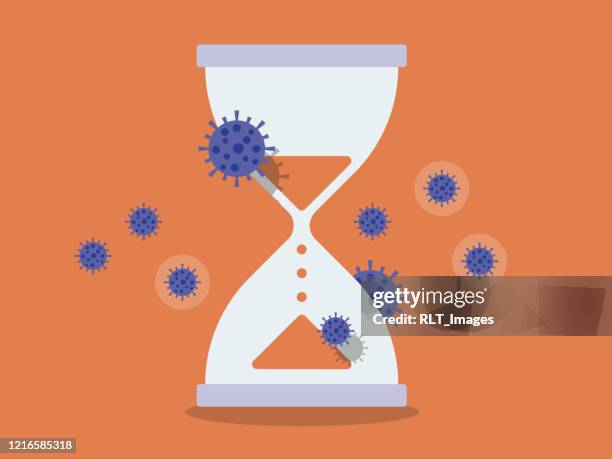 ilustraciones, imágenes clip art, dibujos animados e iconos de stock de reloj de arena rodeado de células coronavirus que se acaba el tiempo - fecha tope