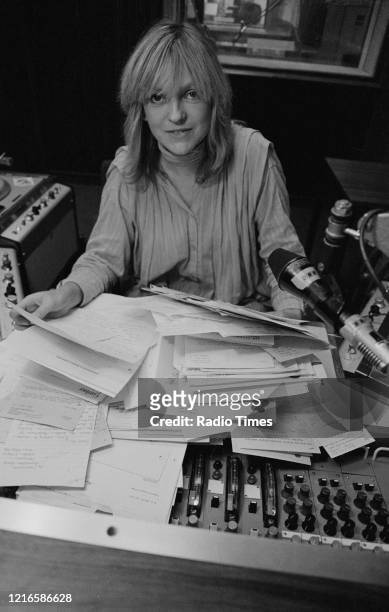 Disc jockey Annie Nightingale in a Radio 1 studio, for the BBC Radio 1 show 'Radio 1 Mailbag', October 1978.