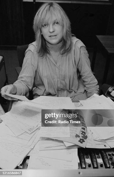 Disc jockey Annie Nightingale in a Radio 1 studio, for the BBC Radio 1 show 'Radio 1 Mailbag', October 1978.