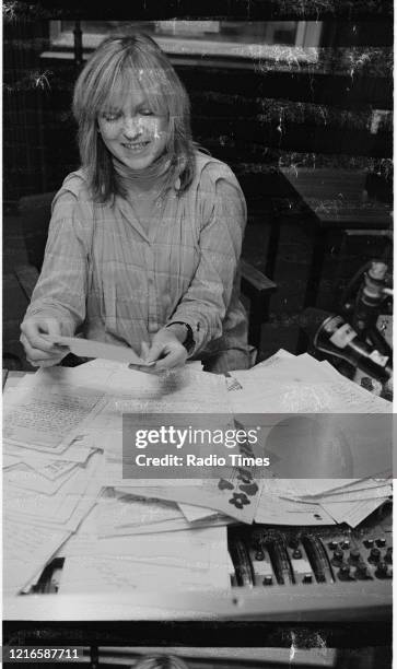 Disc jockey Annie Nightingale in a Radio 1 studio, for the BBC Radio 1 show 'Radio 1 Mailbag', October 1978.