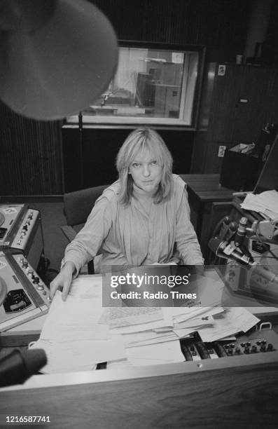 Disc jockey Annie Nightingale in a Radio 1 studio, for the BBC Radio 1 show 'Radio 1 Mailbag', October 1978.