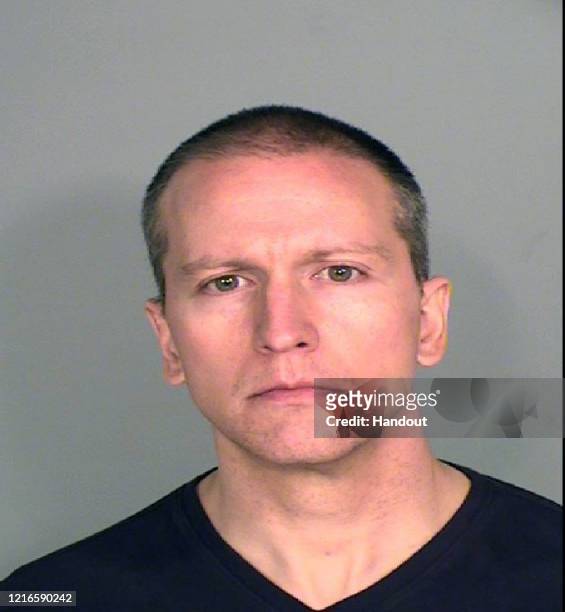 In this handout provided by Ramsey County Sheriff's Office, former Minneapolis police officer Derek Chauvin poses for a mugshot after being charged...