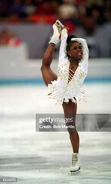 Surya Bonaly of France in action in the women's free program at the 1994 Lillehammer Winter Olympics.