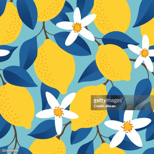 tropical seamless pattern with yellow lemons. fruit repeated background. vector bright print for fabric or wallpaper. - floral pattern stock illustrations