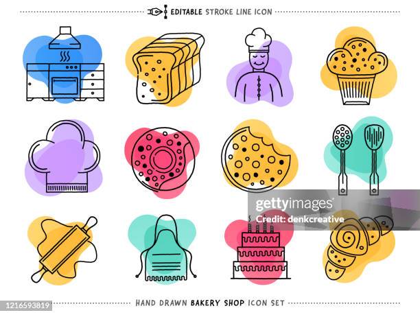 processed bakery products doodle icons set - bread baking paper stock illustrations