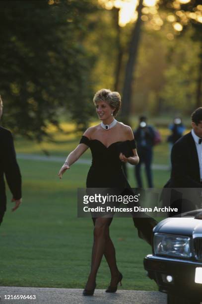 British royal Diana, Princess of Wales wearing a black Christina Stambolian dress, attends a Vanity Fair party at the Serpentine Gallery in London,...