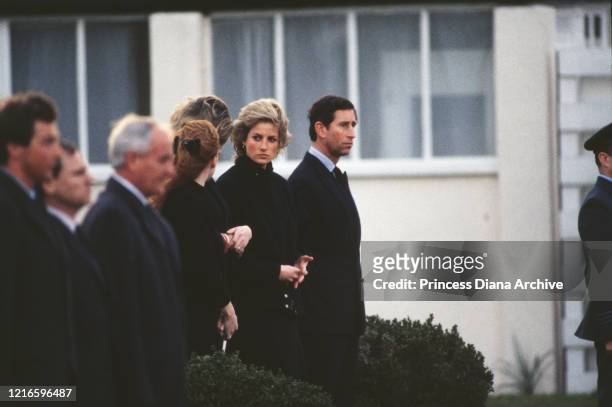 British royals Sarah Ferguson, Duchess of York, Diana, Princess of Wales and Prince Charles on their arrival at RAF Northolt in London, England. The...