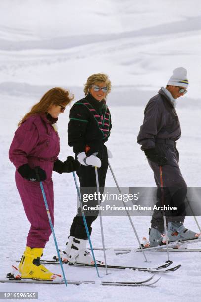 British royals, Sarah, Duchess of York, Diana, Princess of Wales , and Prince Charles during a holiday at the ski resort of Klosters, Switzerland,...