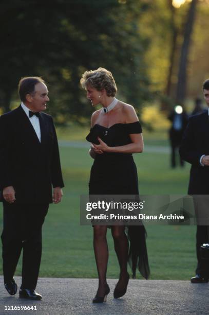 British property developer Peter Palumbo and British royal Diana, Princess of Wales wearing a black Christina Stambolian dress, attend a Vanity Fair...