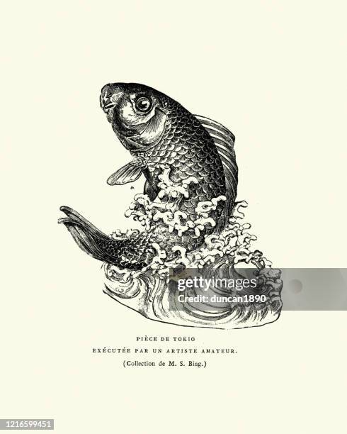 ilustraciones, imágenes clip art, dibujos animados e iconos de stock de pescado saltando del agua, arte japonés, siglo xix - carp