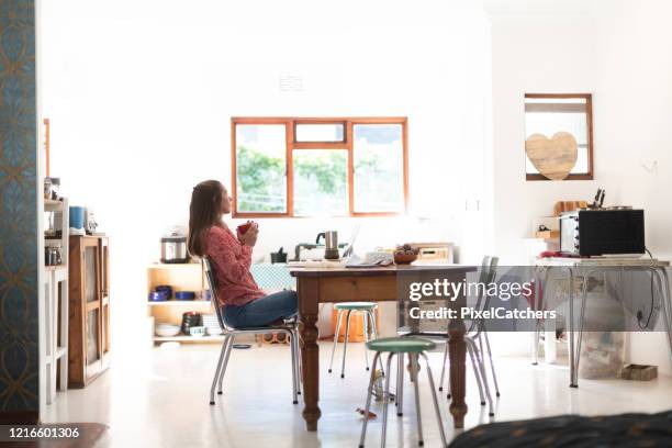 woman takes a coffee break working from home during covid-19 - wide net stock pictures, royalty-free photos & images